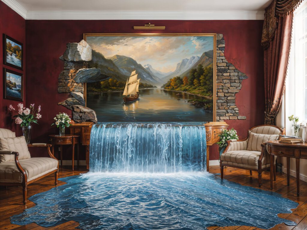 Fluss im Wohnzimmer, Poster, Kunst Drucke, Wohn Zimmer, Wand Dekor, Druck Vorlage, Arftul Art, AI Digital Art, Illustration